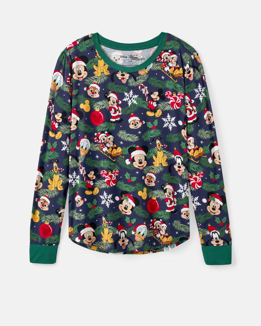 A long-sleeve women's pajama top featuring an all-over Mickey Mouse Christmas print on a dark navy background with green cuffs and collar, displayed flat against a light gray background.