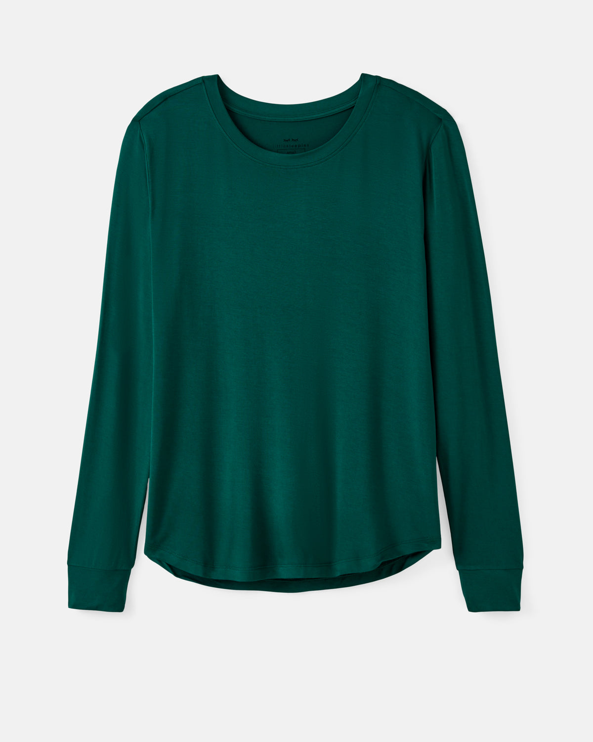 A dark green long-sleeve crewneck top displayed flat against a light gray background.
