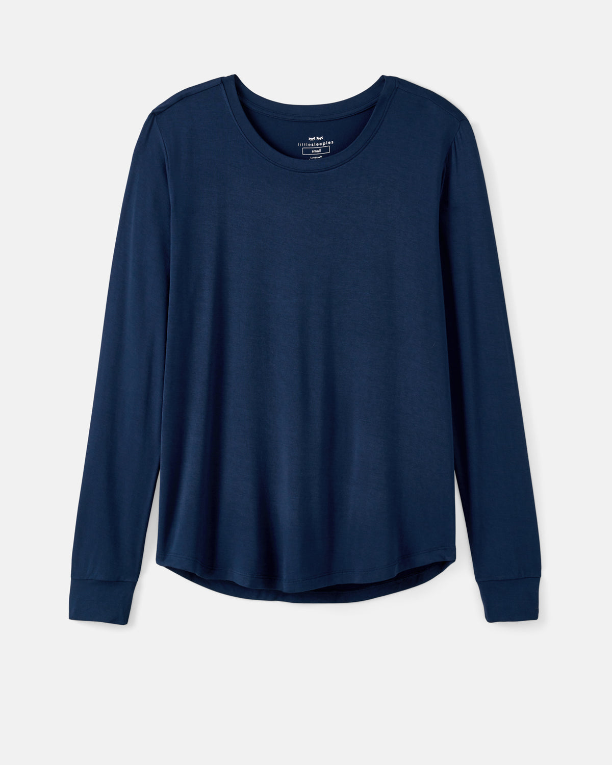 A navy blue long-sleeve crewneck PJ top with a relaxed fit, displayed flat against a light gray background.