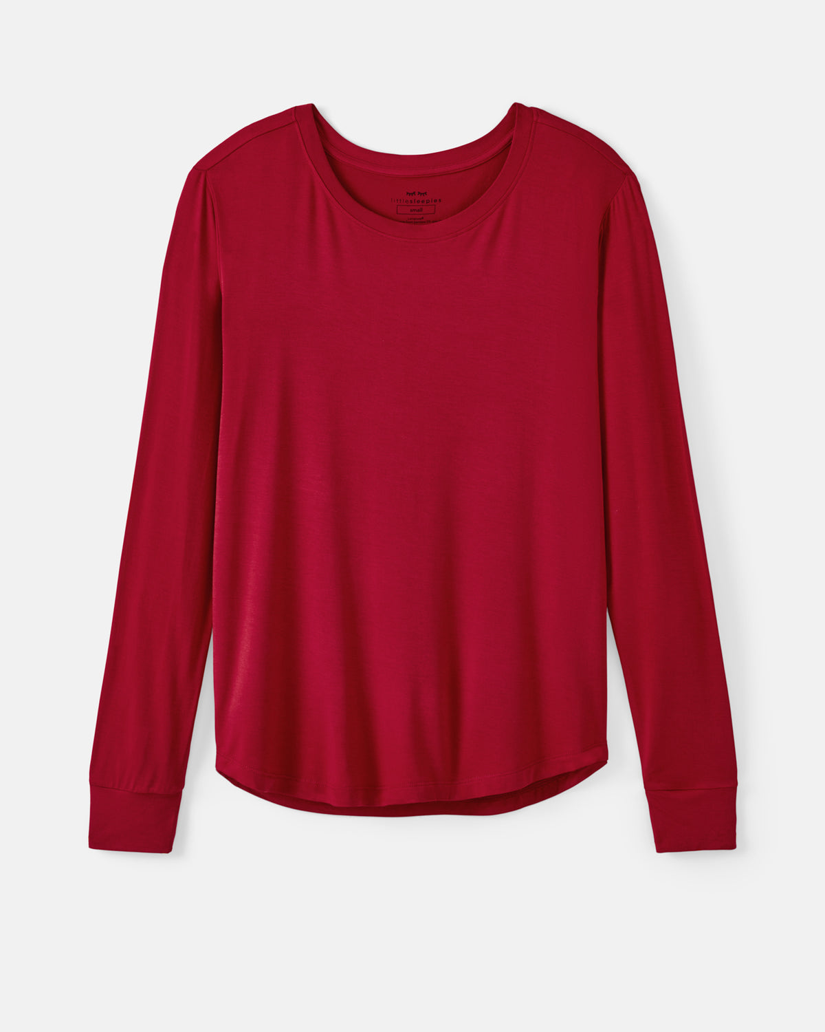 A long-sleeve crewneck PJ top in a deep red color, displayed flat against a light gray background.
