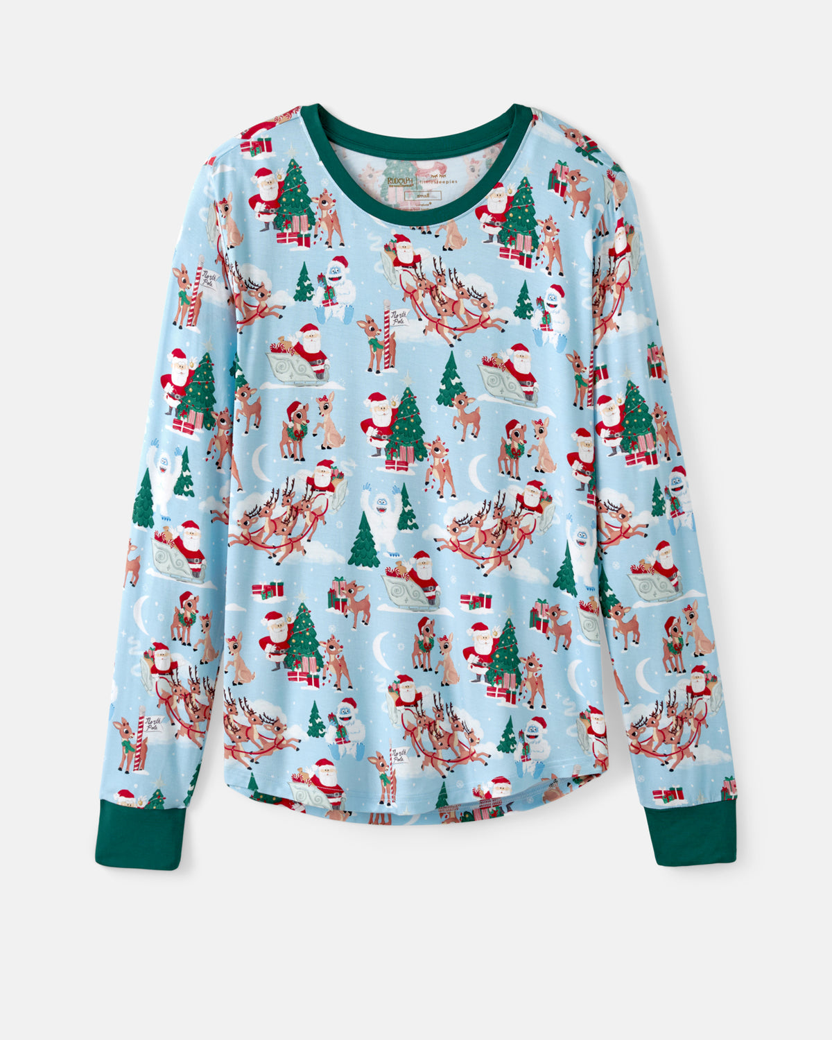 A long-sleeve crewneck pajama top featuring a light blue Christmas print with Santa Claus, reindeer, and Christmas trees, finished with dark green ribbed cuffs and collar.