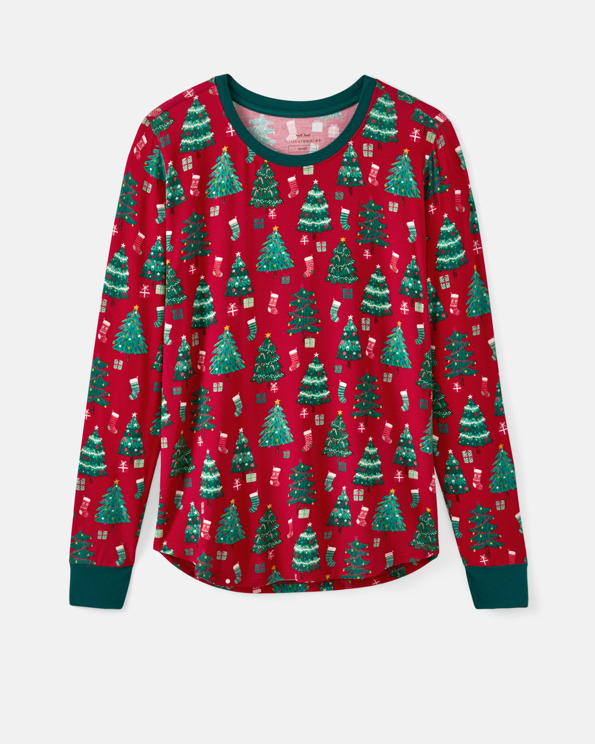 A long-sleeve red pajama top with a green Christmas tree and gift pattern, featuring dark green ribbed collar, cuffs, and hem, shown on a light gray background.