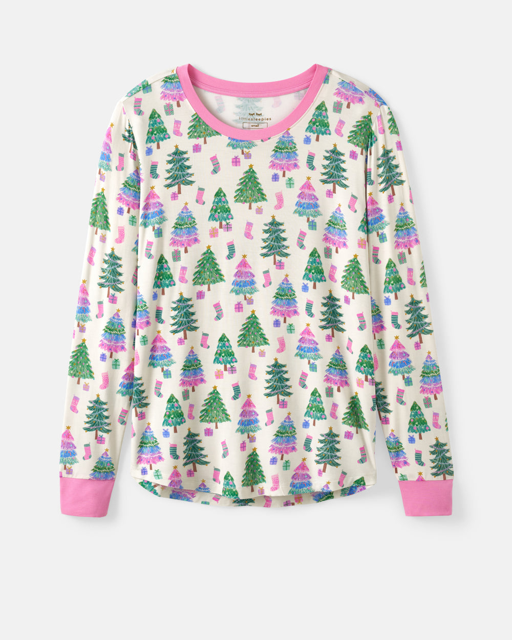 A long-sleeve pajama top with an all-over Christmas tree print on a cream background, featuring pink collar, cuffs, and hem.