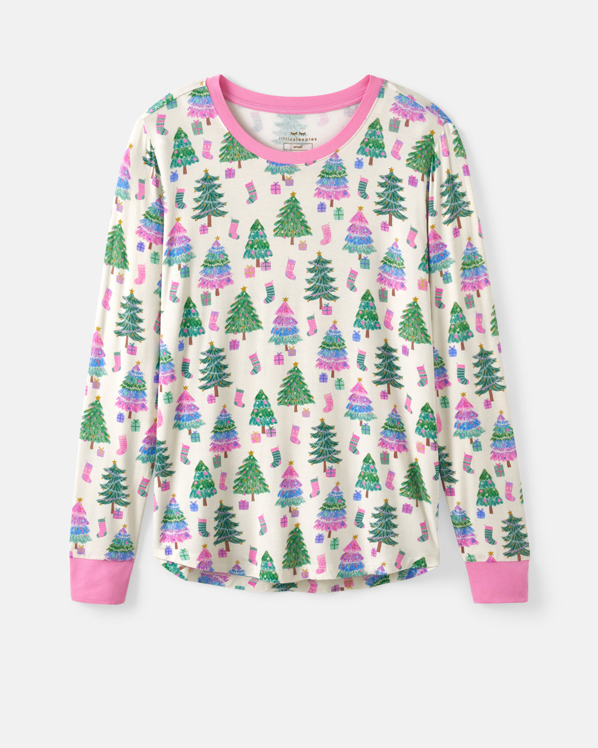 A long-sleeve pajama top with an all-over Christmas tree print on a cream background, featuring pink collar, cuffs, and hem.
