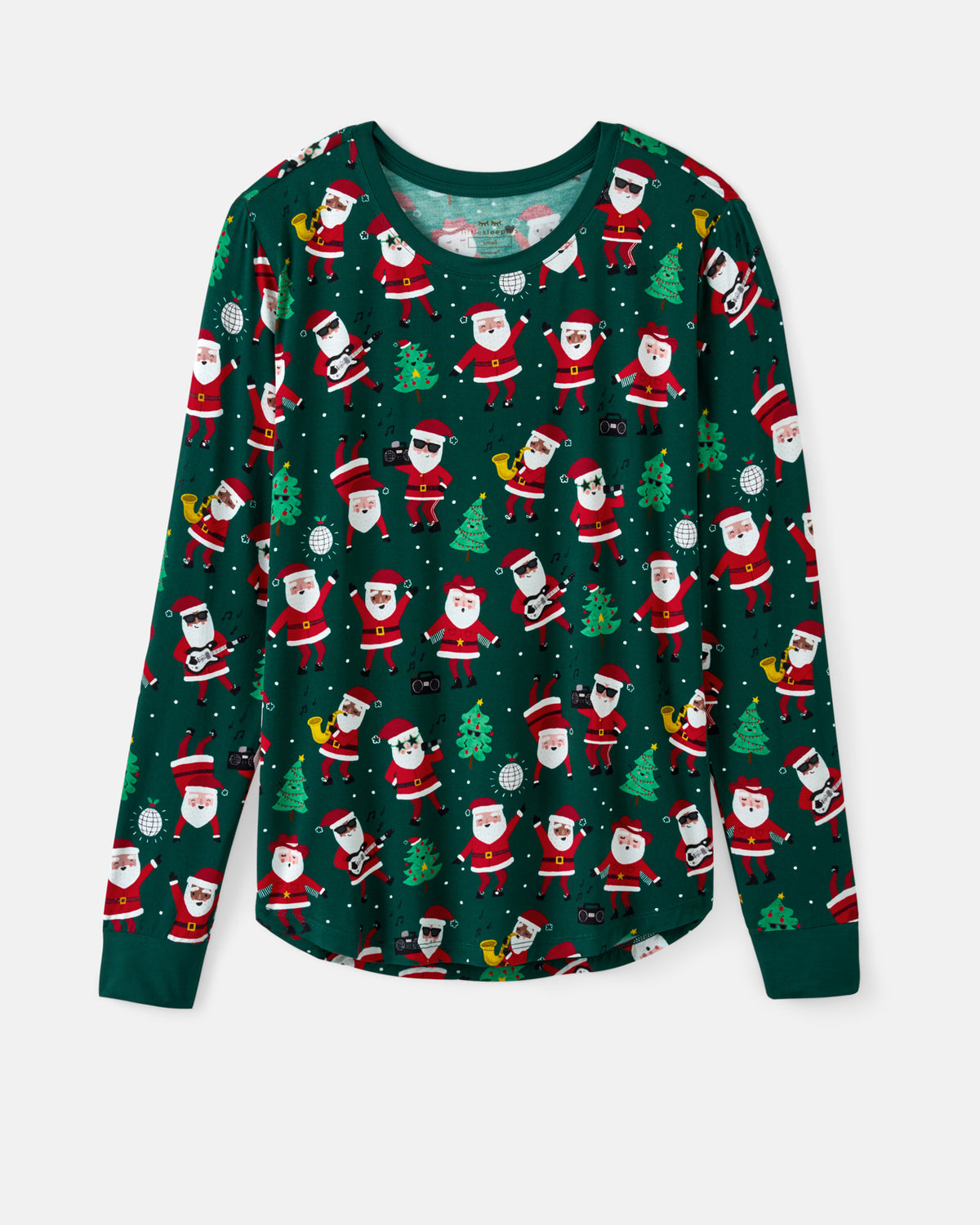 A long-sleeve crewneck shirt featuring a festive Christmas print of cartoon Santa Claus figures, Christmas trees, and snowflakes on a dark green background, shown flat against a light gray backdrop.