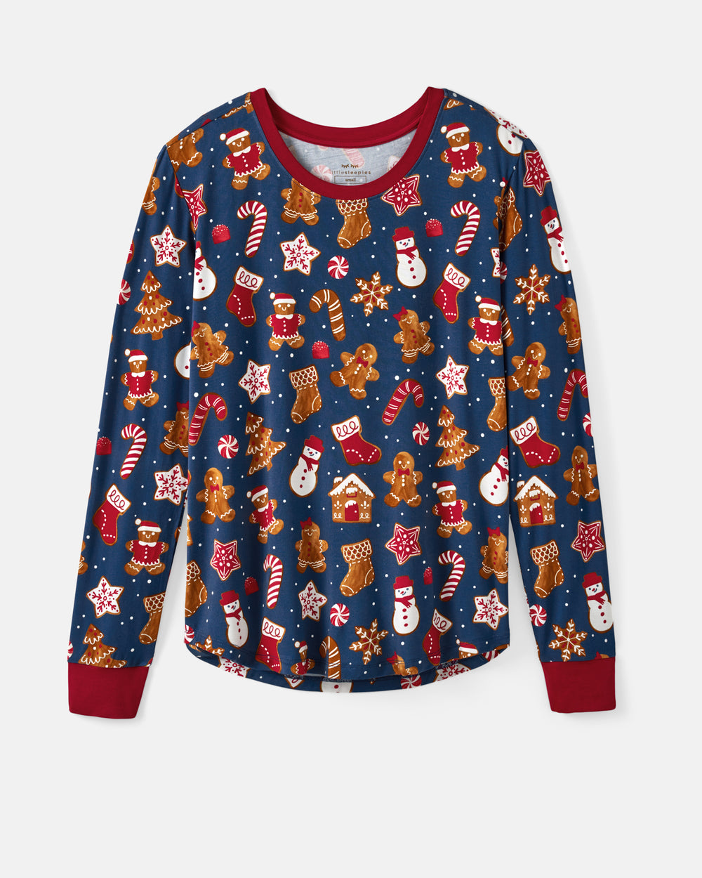 A long-sleeve crewneck pajama top featuring a festive Christmas print on a navy blue background with red cuffs and collar trim. The print includes gingerbread houses, Santa Claus, snowmen, candy canes, and stars.