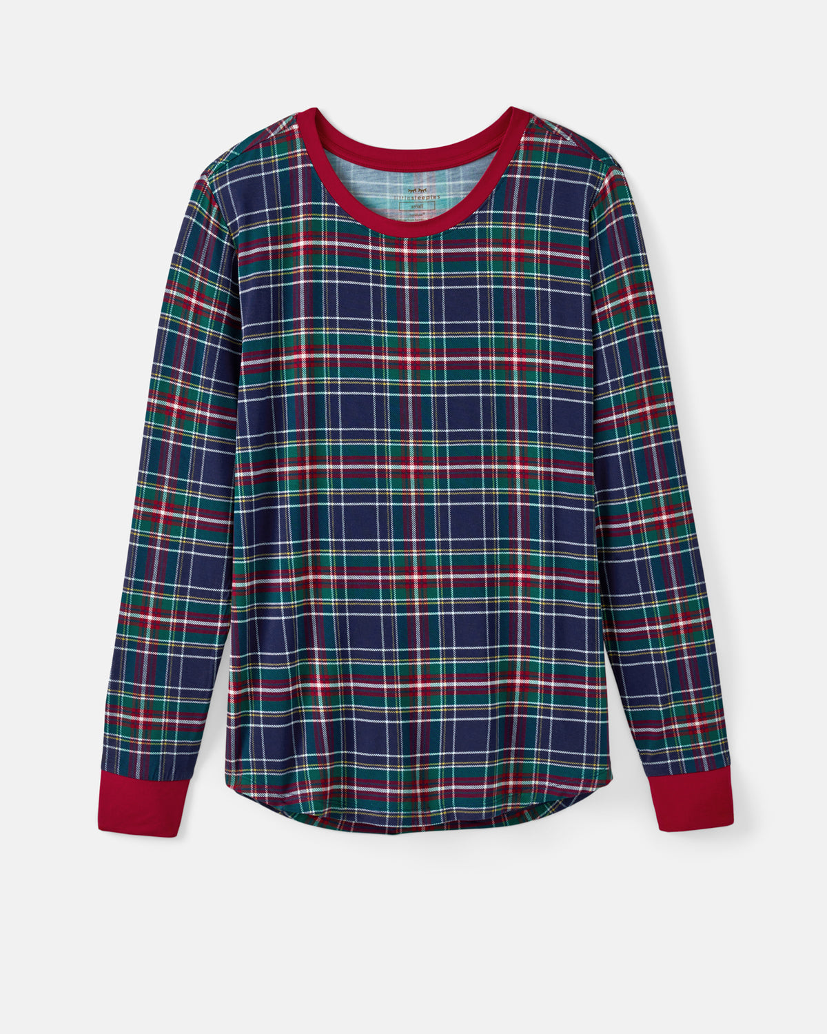 A long-sleeve plaid pajama top with a navy blue base and red, green, and white intersecting plaid lines, featuring solid red trim on the crew neck, cuffs, and hem, displayed against a light gray background.