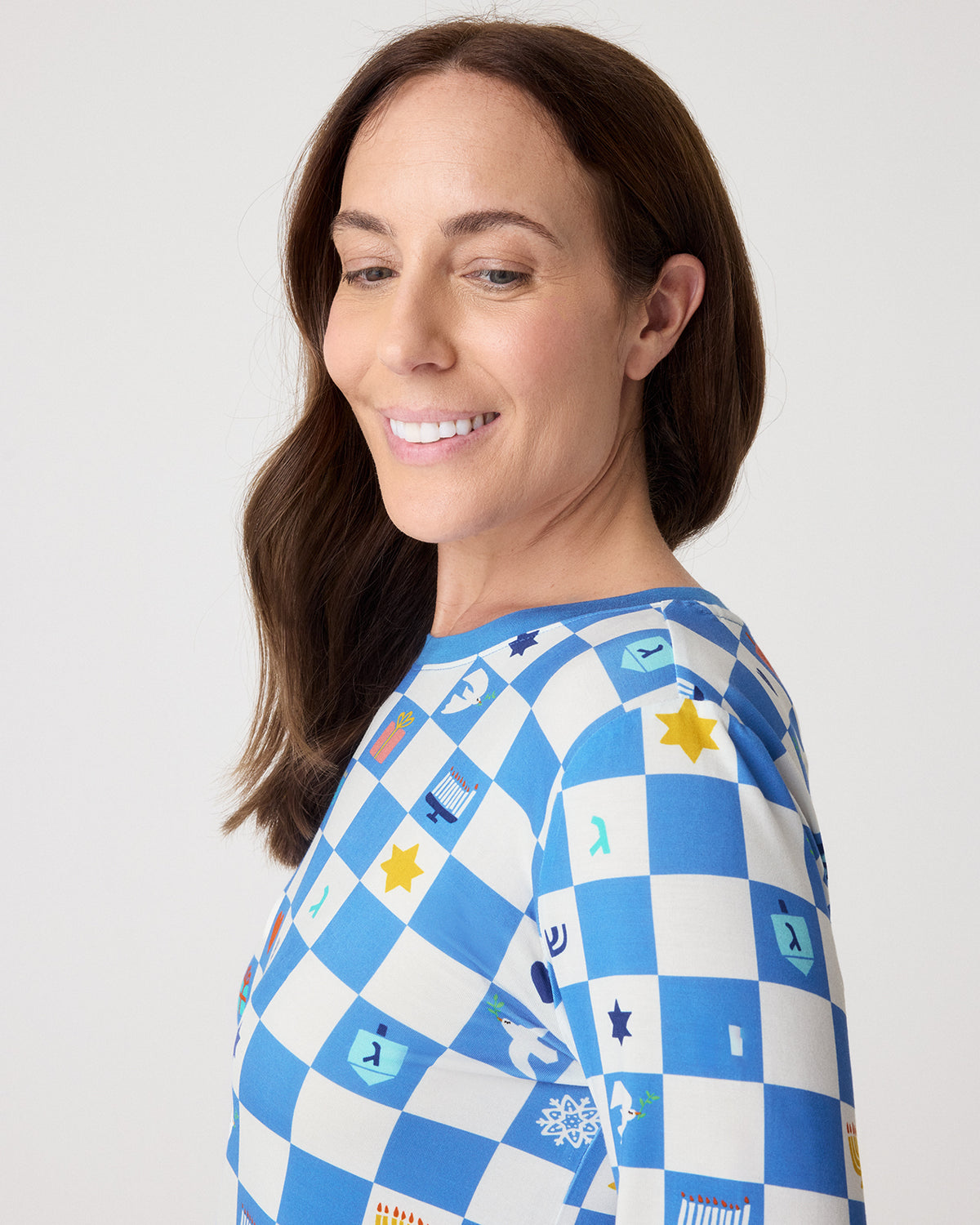 Close up of woman wearing the Hanukkah Checks Women's Pajama Top