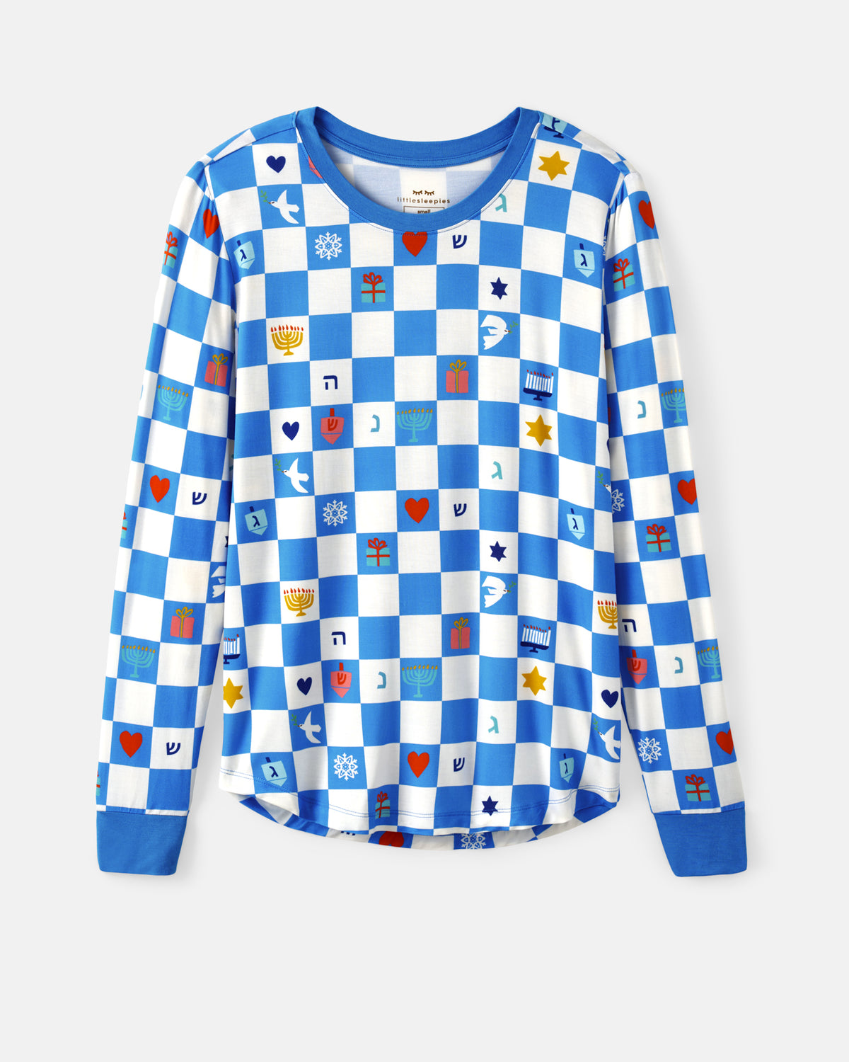Flat lay of the Hanukkah Checks Women's Pajama Top