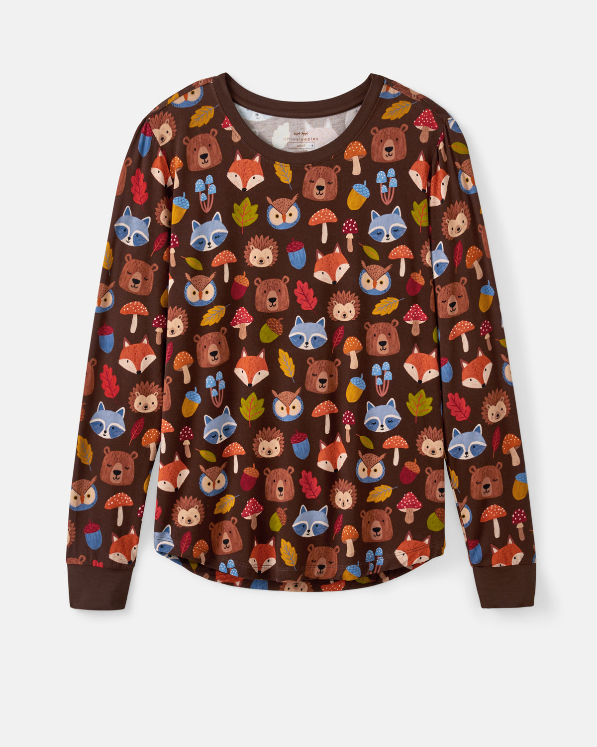 A long-sleeve crewneck shirt with a brown base and an all-over woodland pattern featuring bears, foxes, hedgehogs, owls, mushrooms, and leaves in autumn colors, shown on a light gray background.