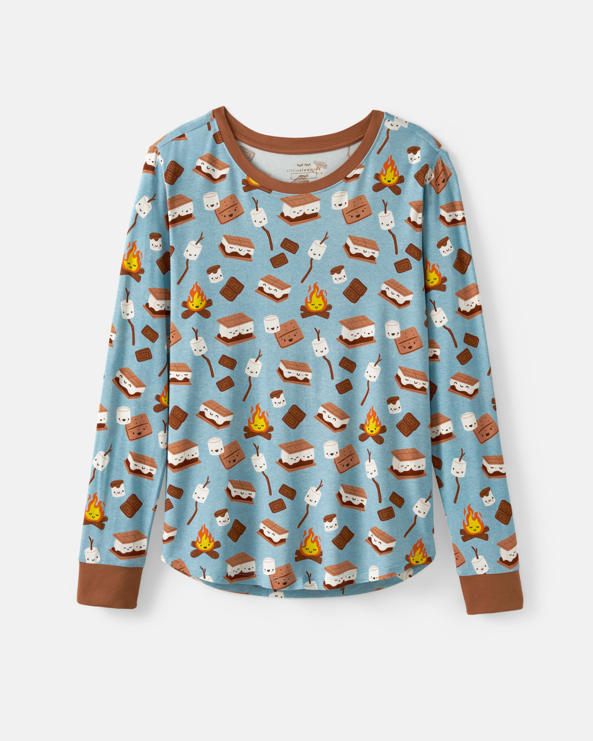 A long-sleeve pajama top with a light blue base featuring a repeating pattern of campfire, marshmallow, and s'mores motifs, finished with brown ribbed trim at the collar, cuffs, and hem.