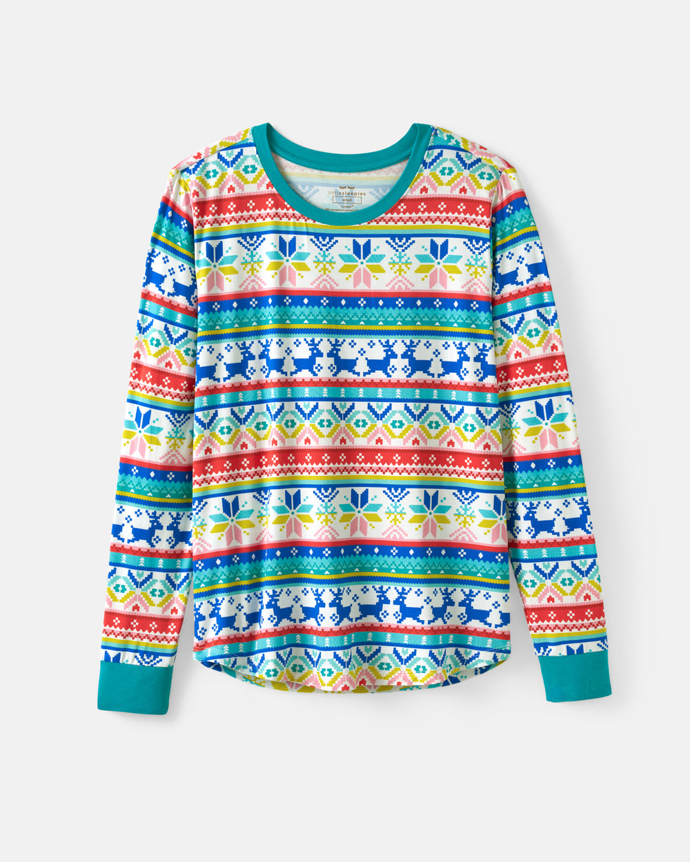 A long-sleeve crewneck shirt featuring a colorful Fair Isle pattern with blue, red, green, yellow, and white geometric and floral motifs, set against a light gray background.