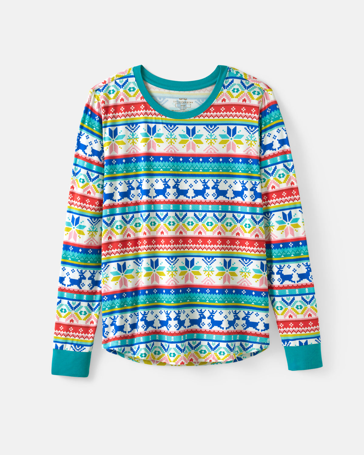 A long-sleeve crewneck shirt featuring a colorful Fair Isle pattern with blue, red, green, yellow, and white geometric and floral motifs, set against a light gray background.