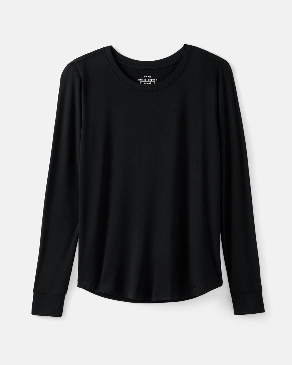 A black long-sleeve crewneck pajama top with a relaxed, slightly draped fit, shown flat against a light gray background.