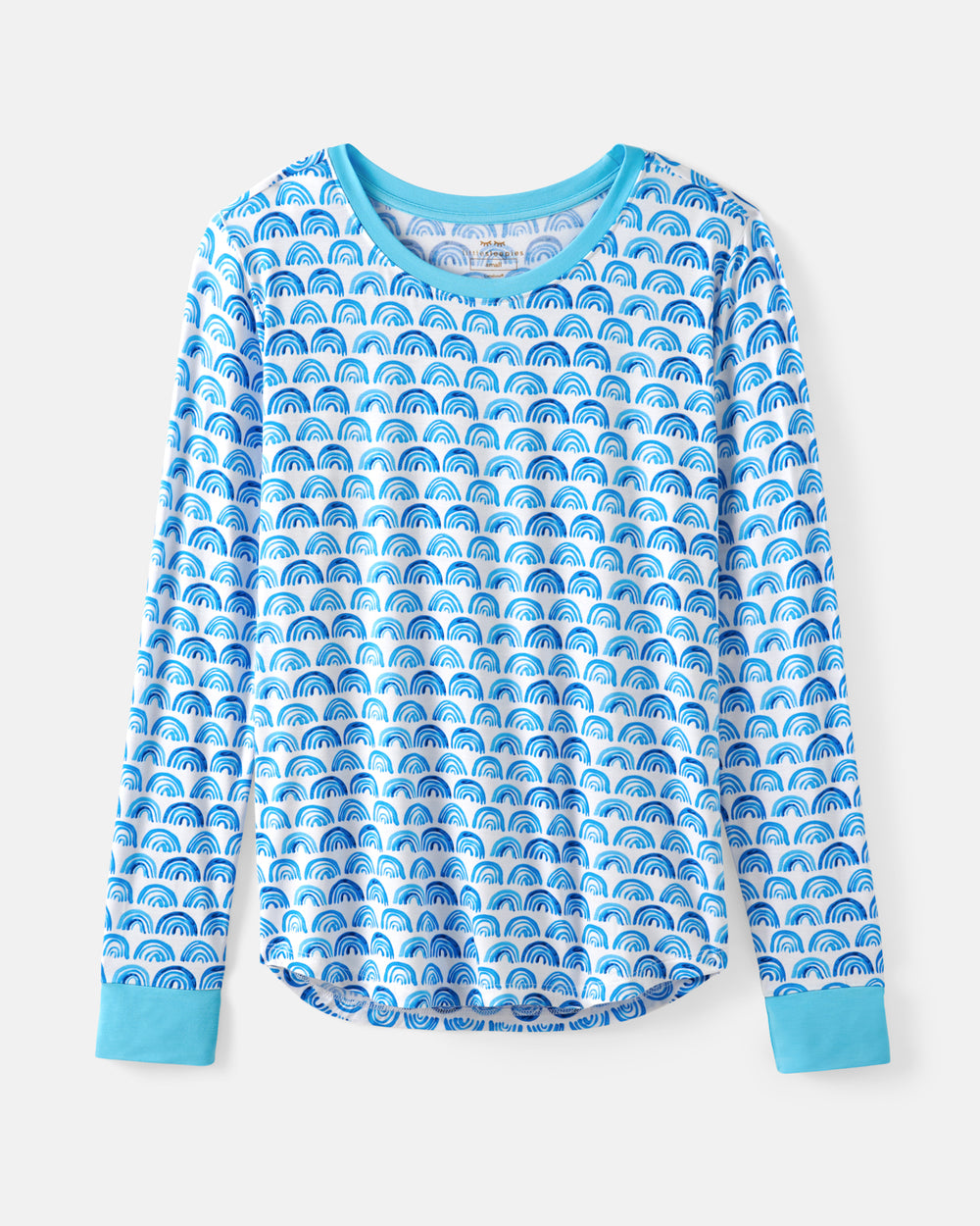 A long-sleeve crewneck PJ top with a repeating blue and white rainbow pattern, featuring solid light blue cuffs and collar, displayed on a light gray background.