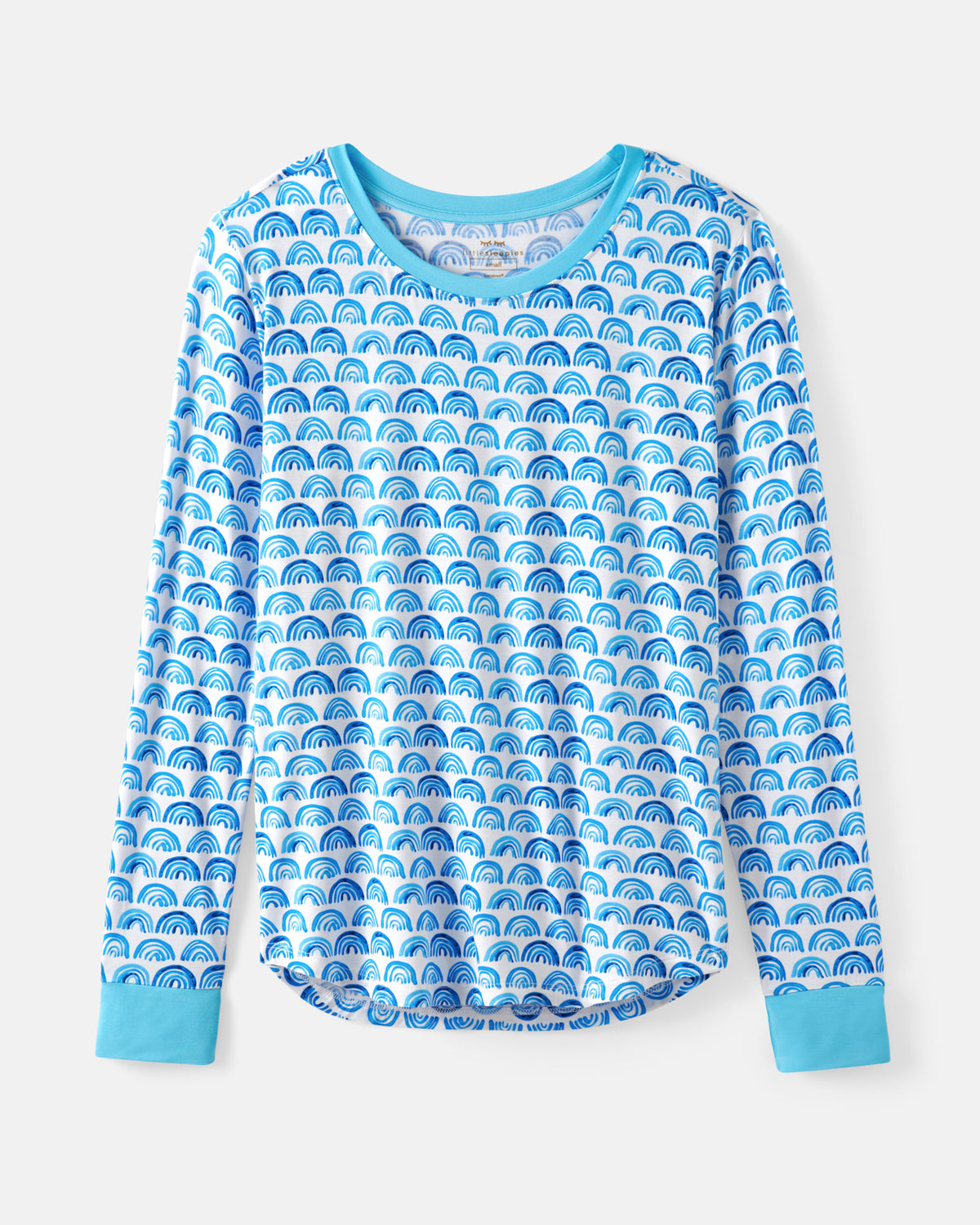 A long-sleeve crewneck PJ top with a repeating blue and white rainbow pattern, featuring solid light blue cuffs and collar, displayed on a light gray background.
