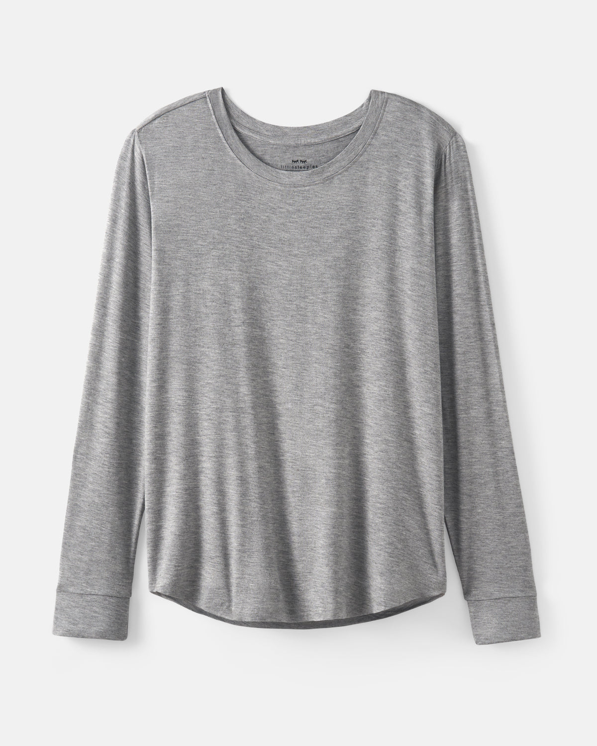 A heather gray long-sleeve crewneck pajama shirt with a relaxed fit, displayed against a light gray background.
