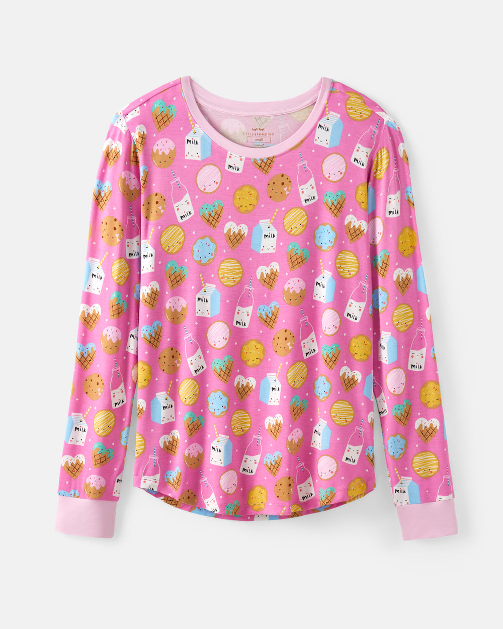 A pink long-sleeve pajama top with an all-over cookie and milk-themed print, featuring light pink cuffs and collar, shown against a light gray background.