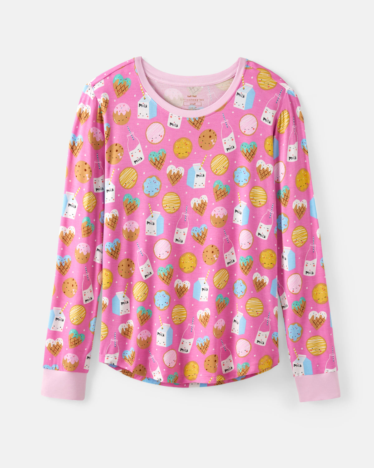 A pink long-sleeve pajama top with an all-over cookie and milk-themed print, featuring light pink cuffs and collar, shown against a light gray background.