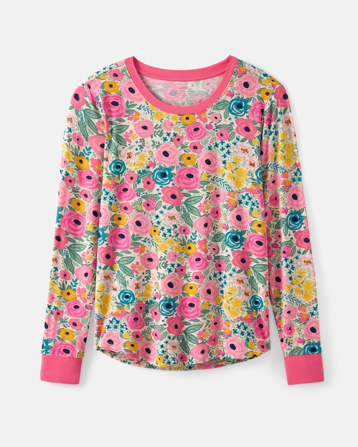 A long-sleeve crewneck pajama shirt for women featuring a vibrant pink, yellow, and teal floral print on a light cream background, with solid pink ribbed collar, cuffs, and hem.