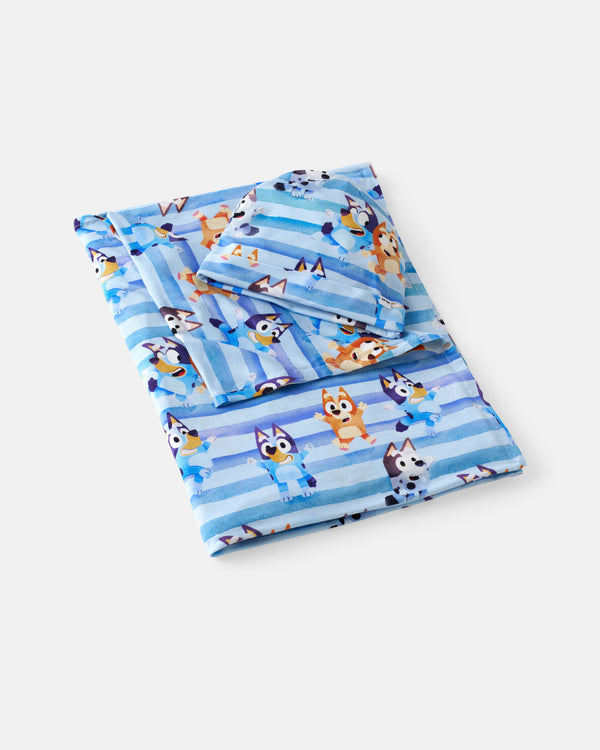 Flat lay of the Bluey Dance All Day Swaddle & Hat Set