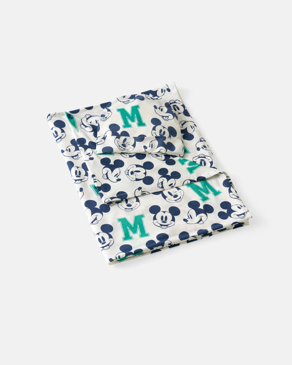 Flat lay of the Disney Varsity Mickey Mouse Swaddle & Beanie Set