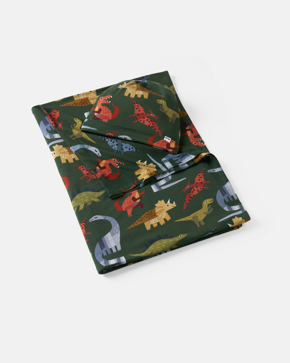 Flat lay of the Green Roar & Explore Swaddle & Beanie Set