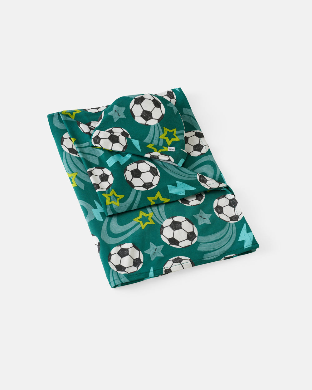 Flat lay of the Soccer Stars Swaddle & Beanie Set