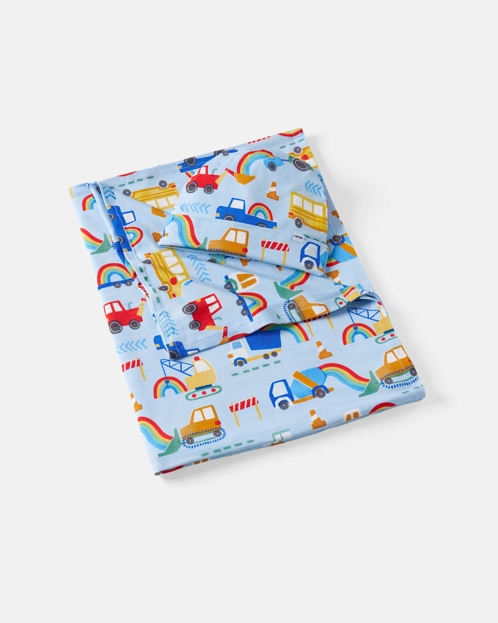 Flat lay of the Rainbow Trucks Swaddle & Beanie Set