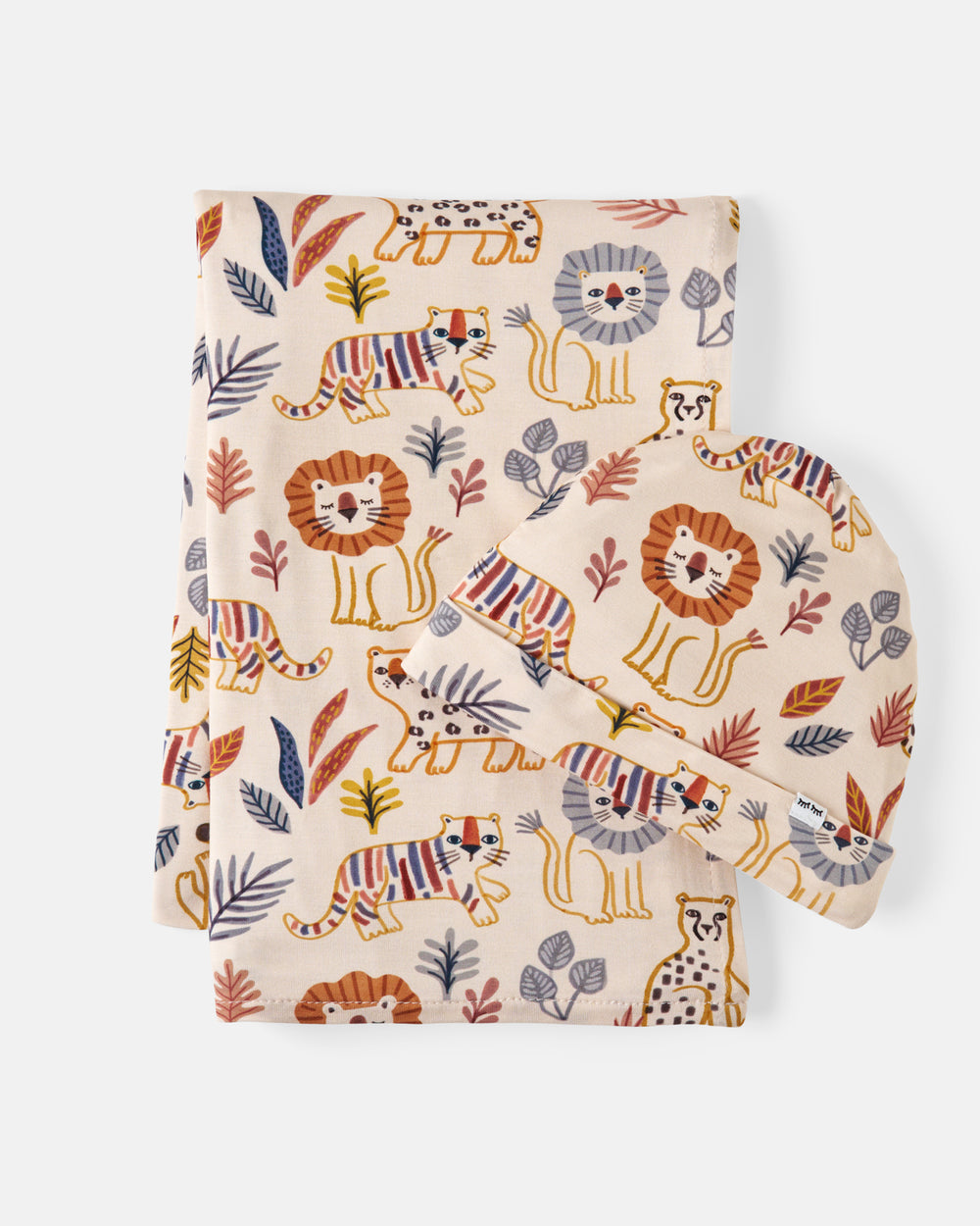 Flat lay of the Savanna Friends Swaddle & Beanie Set