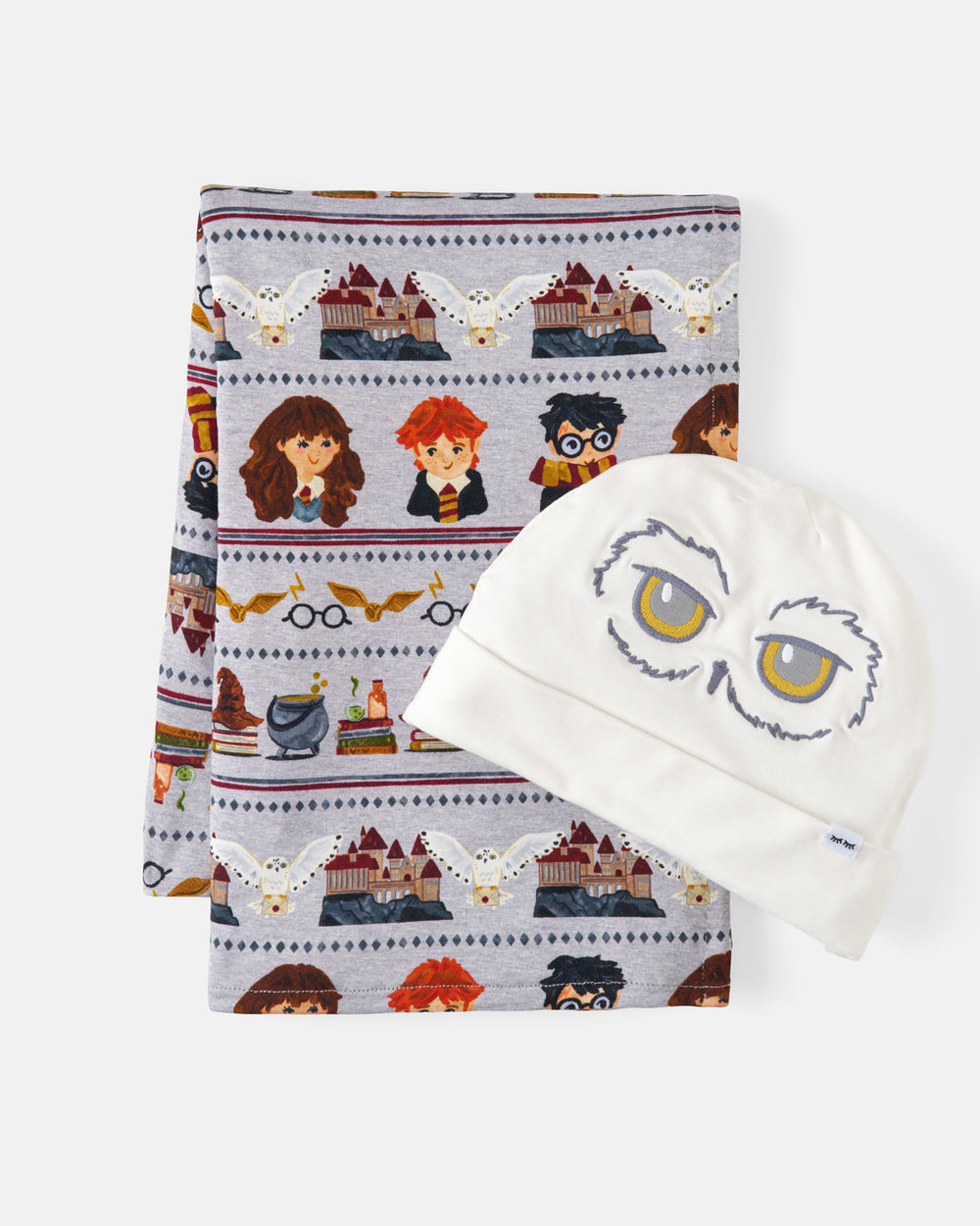 Flat lay of the Harry Potter™ Spellbinding Studies Swaddle & Beanie Set
