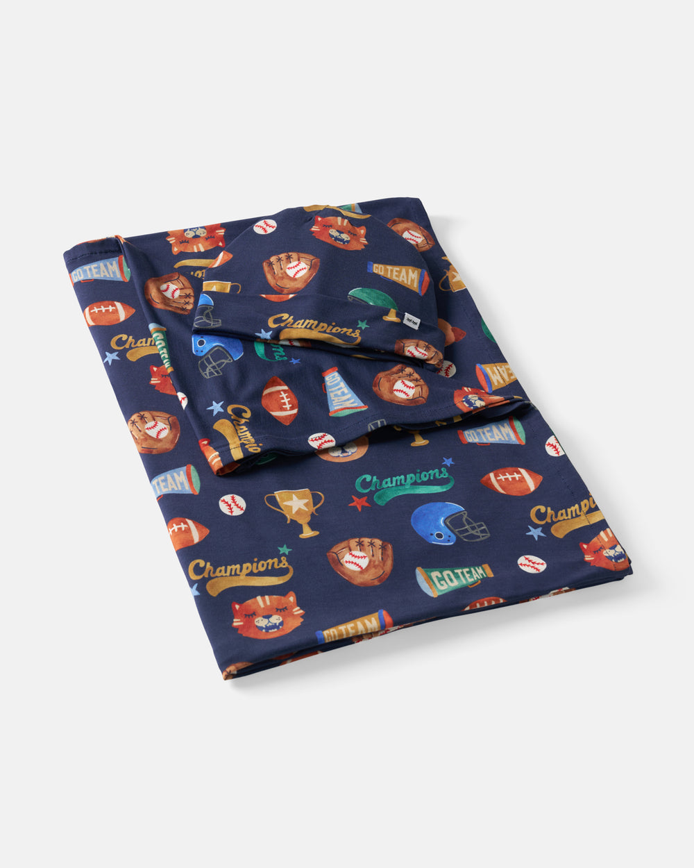 Flat lay of the Team Spirit Swaddle & Beanie Set