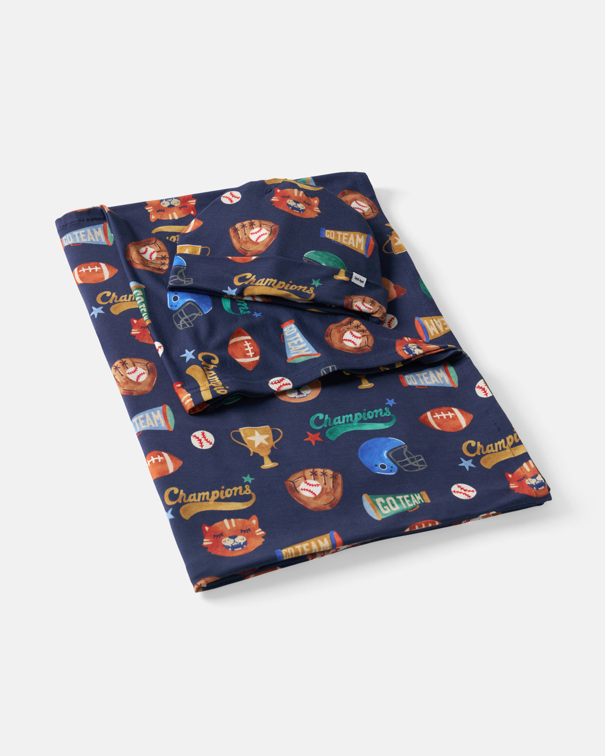 Flat lay of the Team Spirit Swaddle & Beanie Set