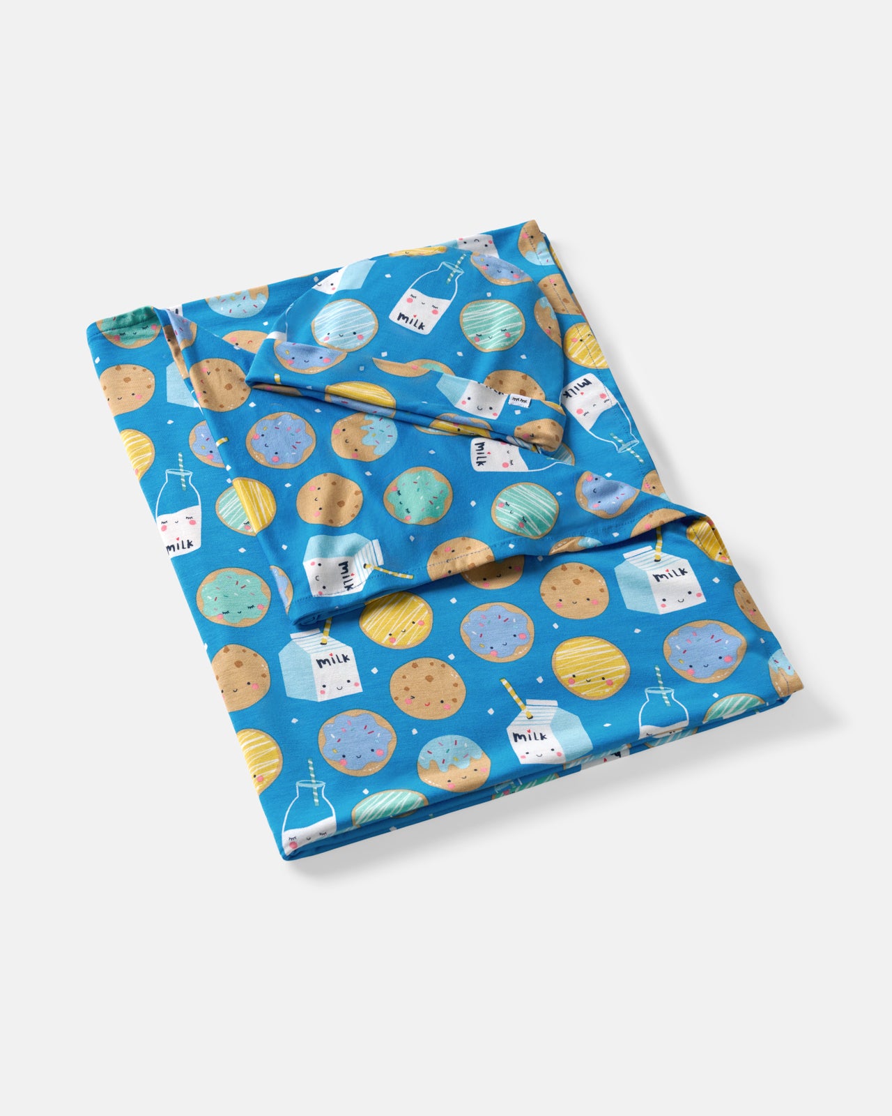 Flat lay of the Blue Cookies & Milk Swaddle & Beanie Set