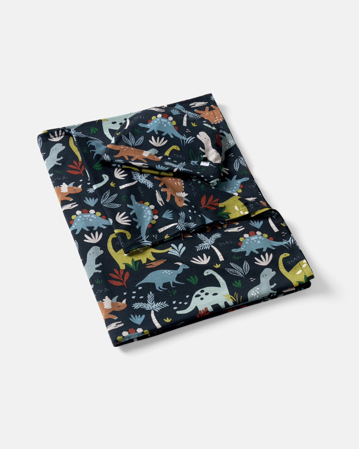 Flat lay of the Navy Jurassic Jungle Swaddle & Beanie Set