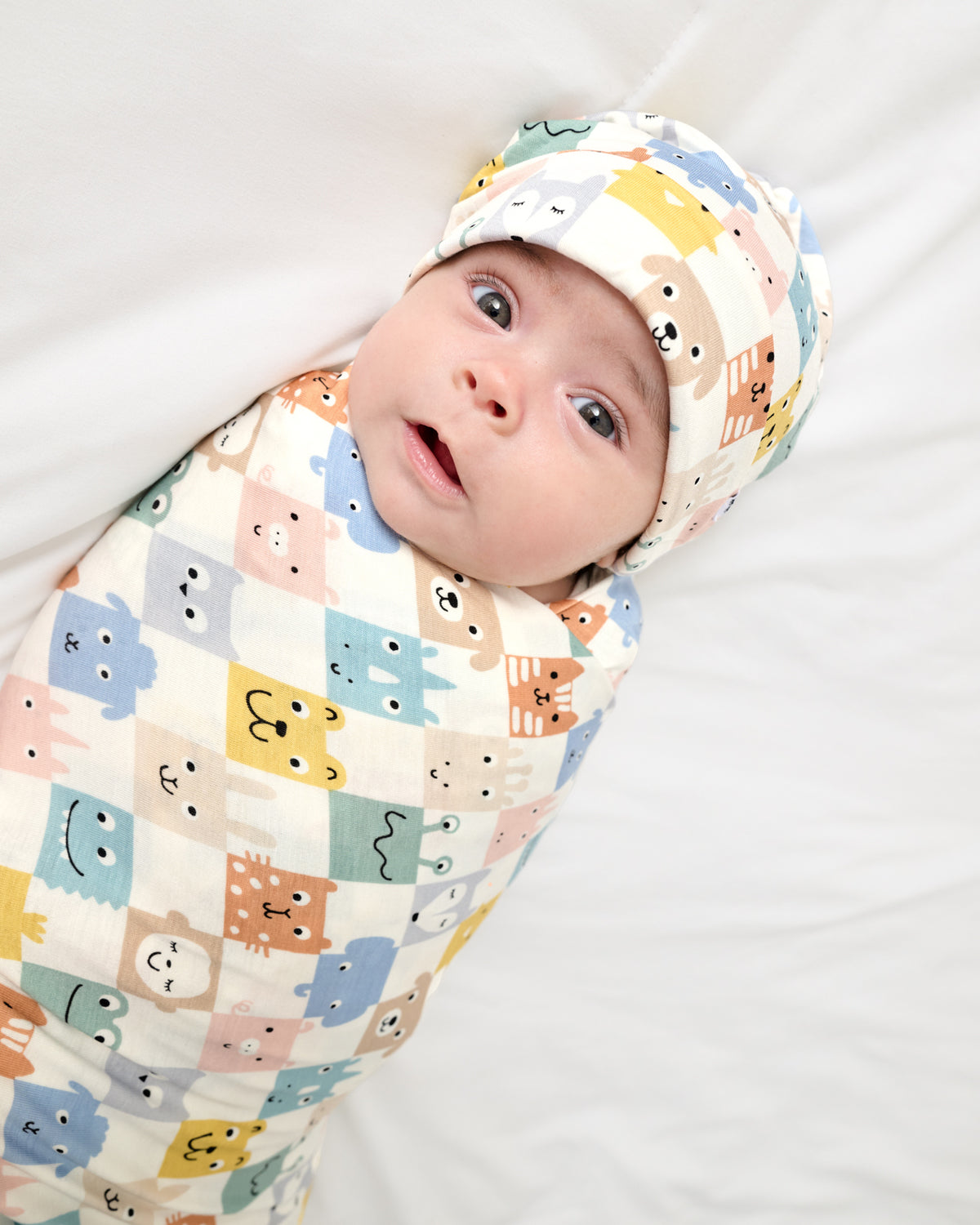 Close up of newborn in the Check Mates Swaddle & Beanie Set