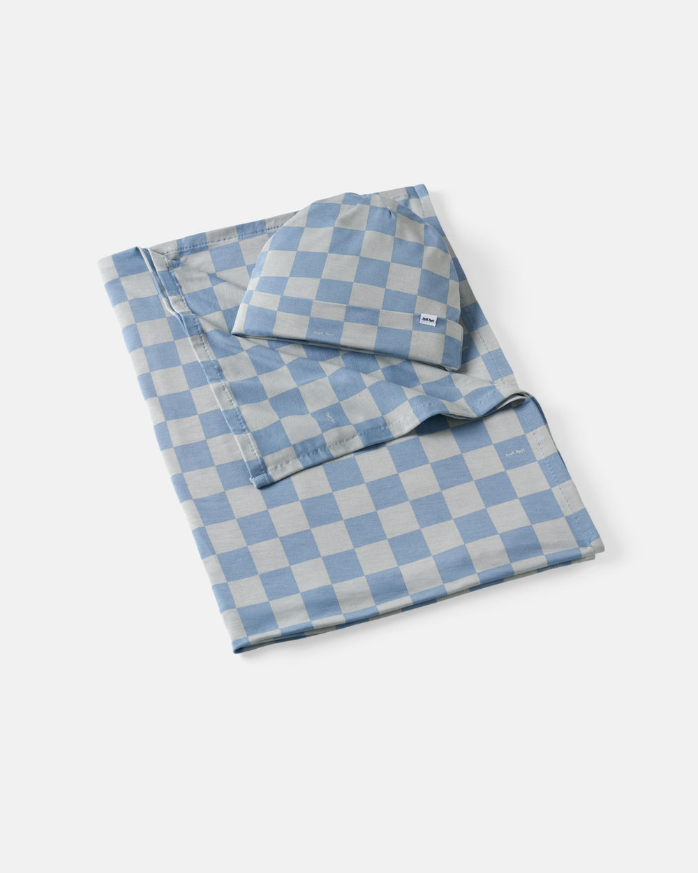 Flat lay of the Dusk Blue Checks Swaddle & Beanie Set