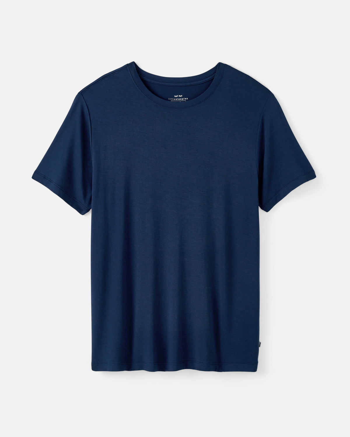 A navy blue short-sleeve crewneck PJ t-shirt displayed flat against a light gray background.