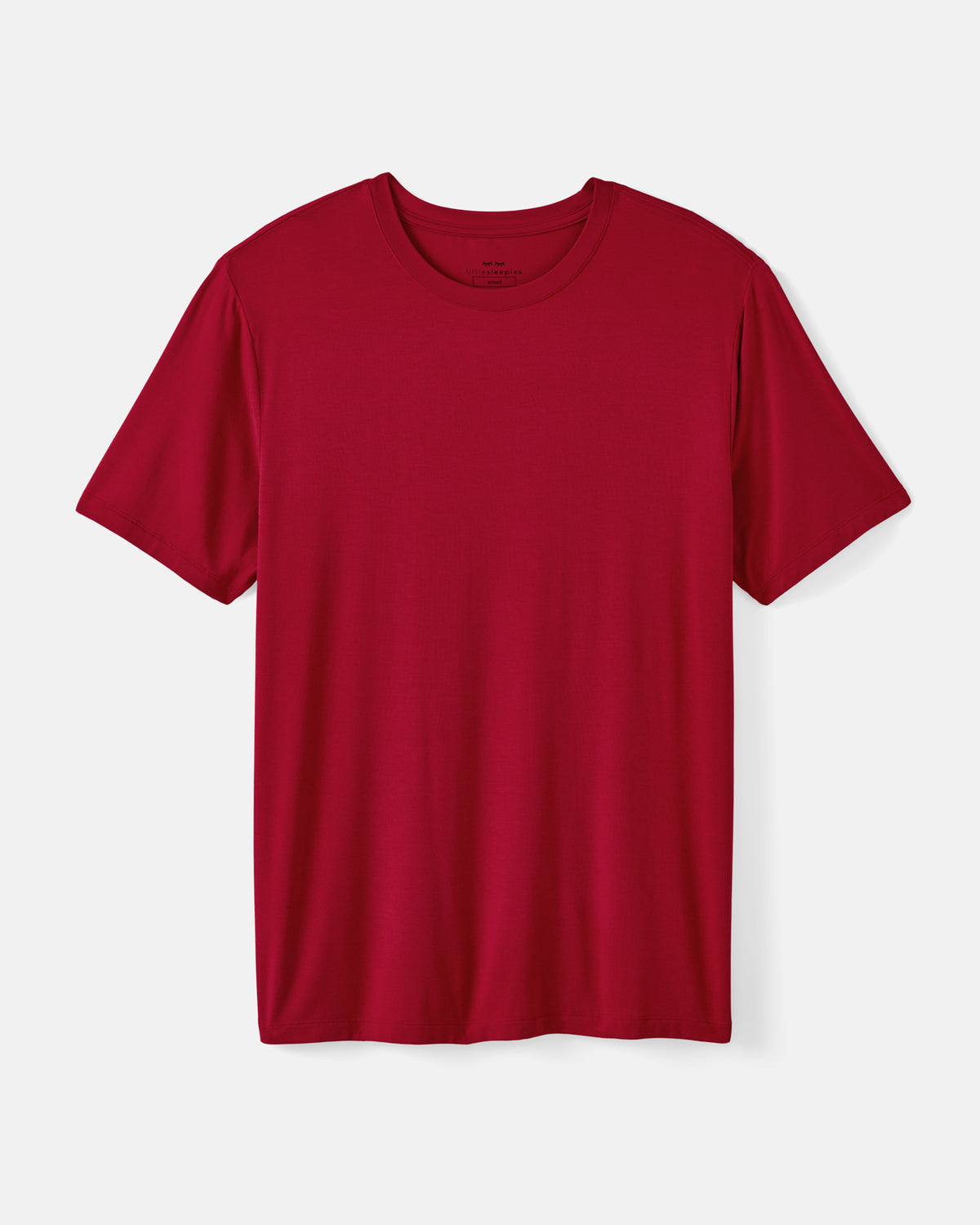 A classic short-sleeve crewneck PJ t-shirt in a solid deep red color, displayed flat against a light gray background.