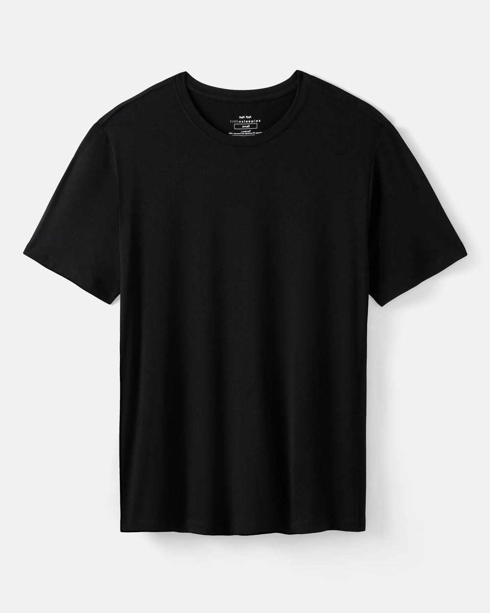 A black short-sleeve crewneck pajama t-shirt displayed flat against a light gray background.