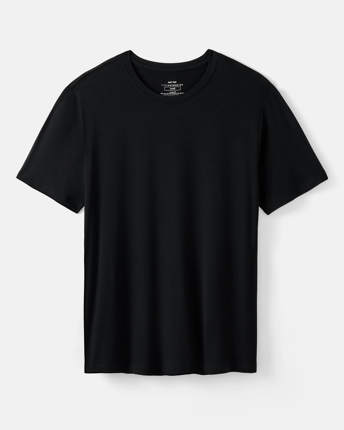 A black short-sleeve crewneck pajama t-shirt displayed flat against a light gray background.