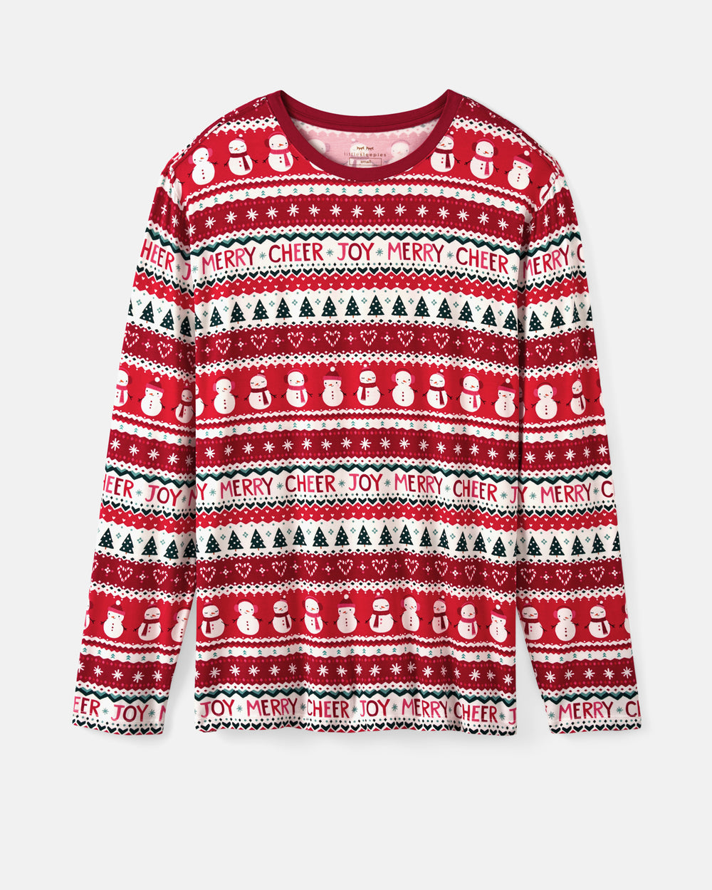 A festive long-sleeve crewneck sweater featuring a red, white, and black holiday knit pattern with snowmen, Christmas trees, hearts, and text reading 'MERRY CHEER JOY'.