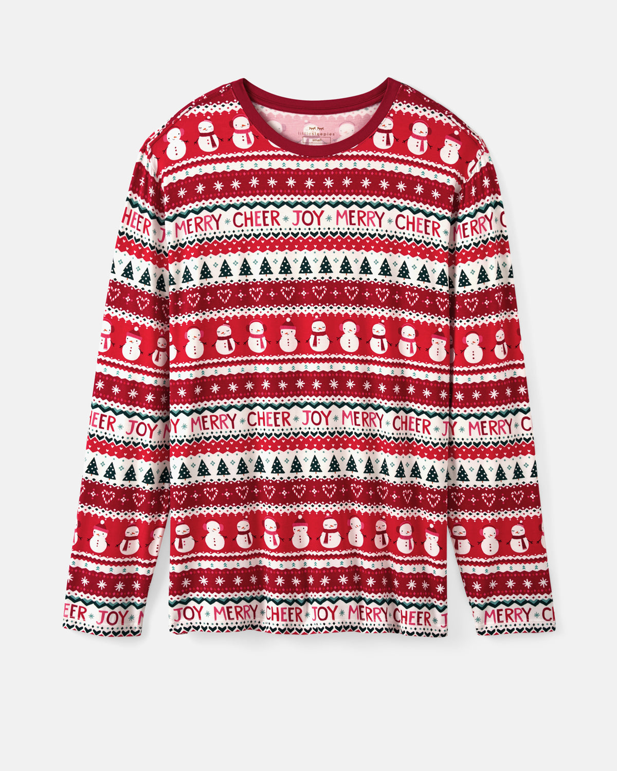 A festive long-sleeve crewneck sweater featuring a red, white, and black holiday knit pattern with snowmen, Christmas trees, hearts, and text reading 'MERRY CHEER JOY'.