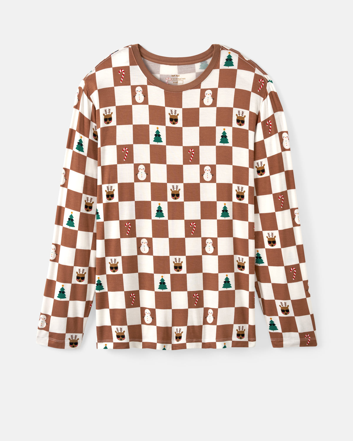 A long-sleeve crewneck shirt featuring a brown and cream checkerboard pattern with small holiday motifs like snowmen, Christmas trees, and reindeer printed on each square, shown against a light gray background.
