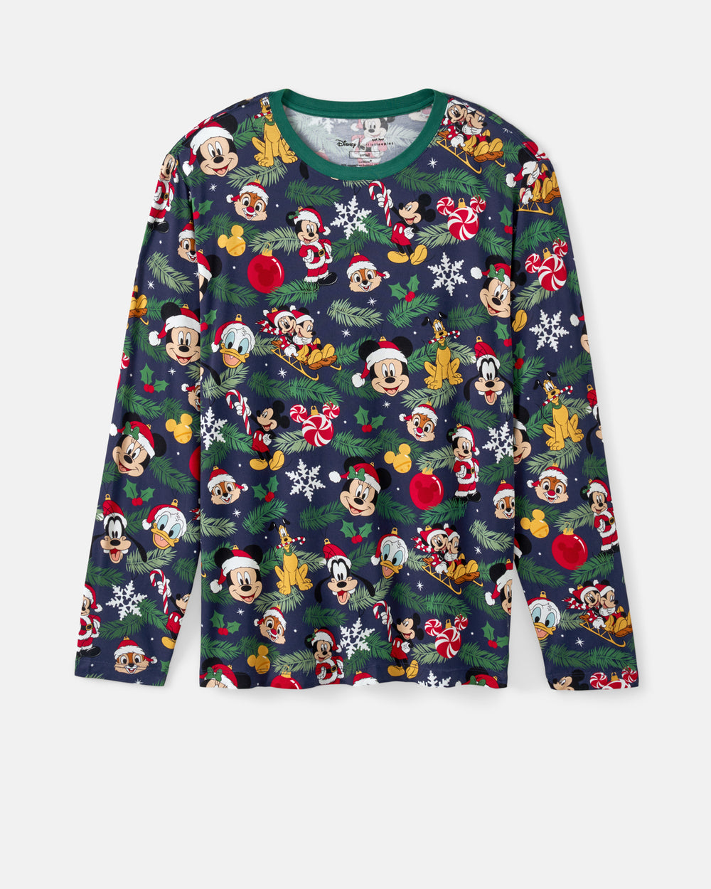 A long-sleeve crewneck shirt featuring an all-over festive print of Disney characters, Santa Claus, pine trees, snowflakes, and holiday ornaments on a dark navy background.
