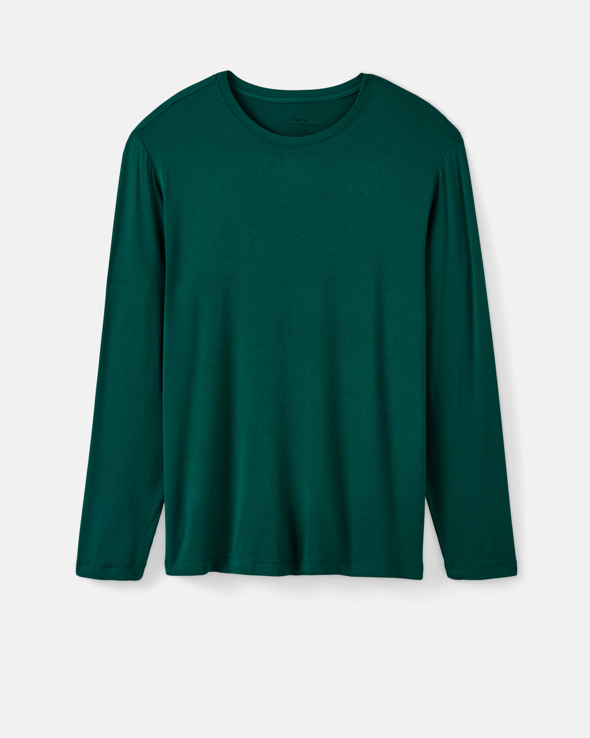 A dark green long-sleeve crewneck PJ shirt displayed flat against a light gray background.