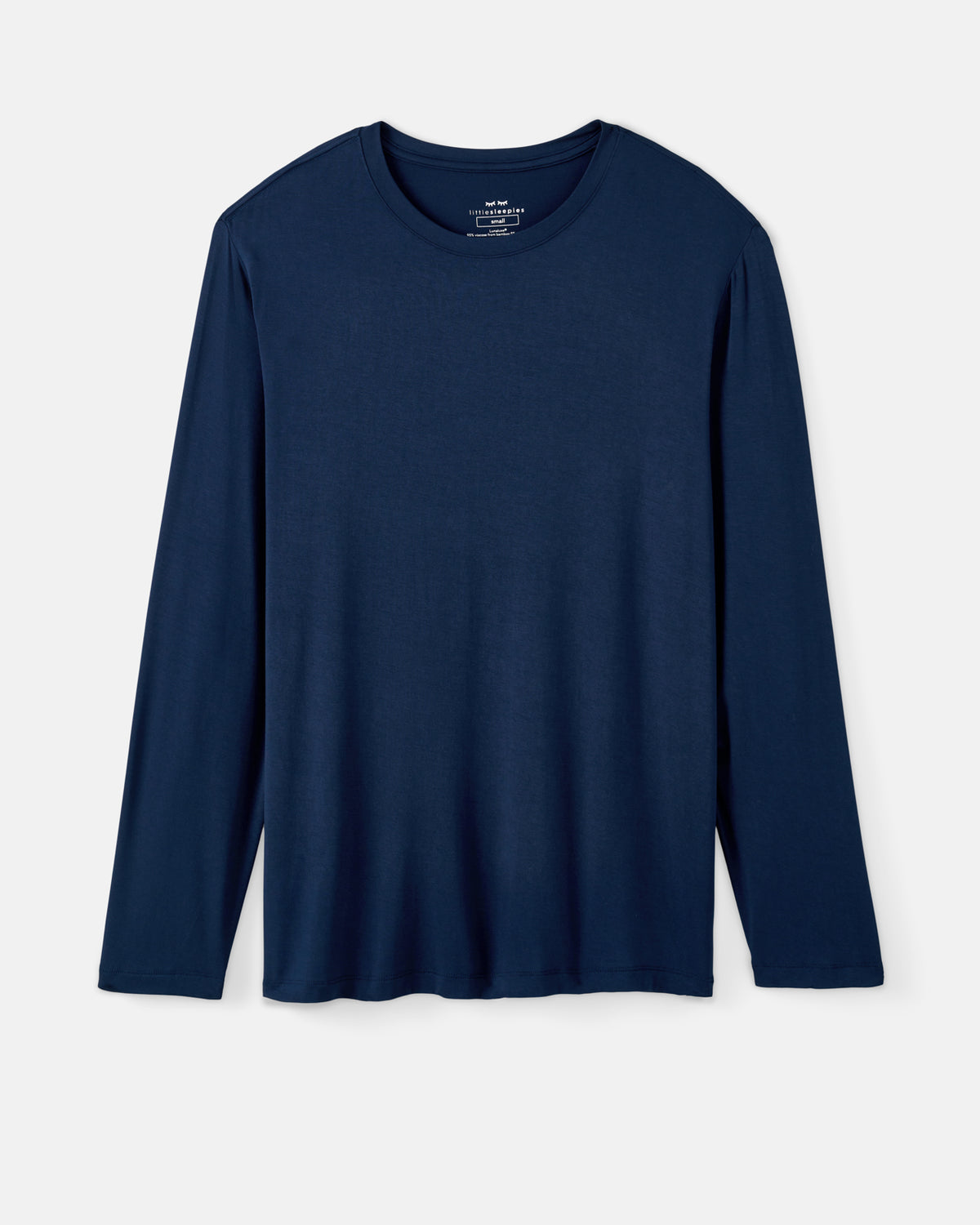 A navy blue long-sleeve crewneck PJ shirt displayed flat against a light gray background.
