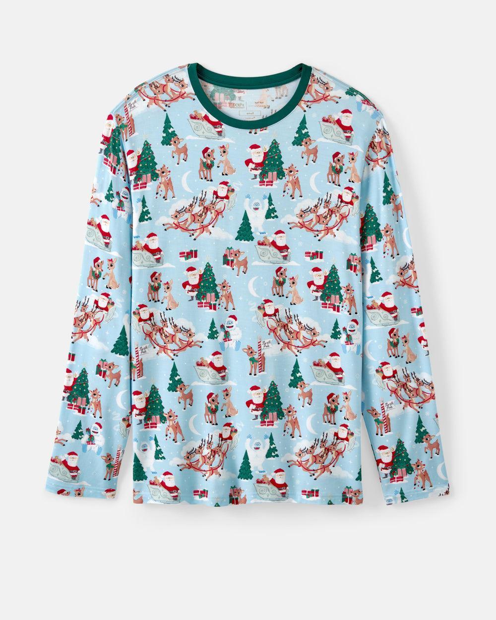 A long-sleeve crewneck pajama top featuring a light blue background with an all-over Christmas print of dogs in sleds, Santa Claus, and Christmas trees. The shirt has a contrasting dark green crew neck collar.