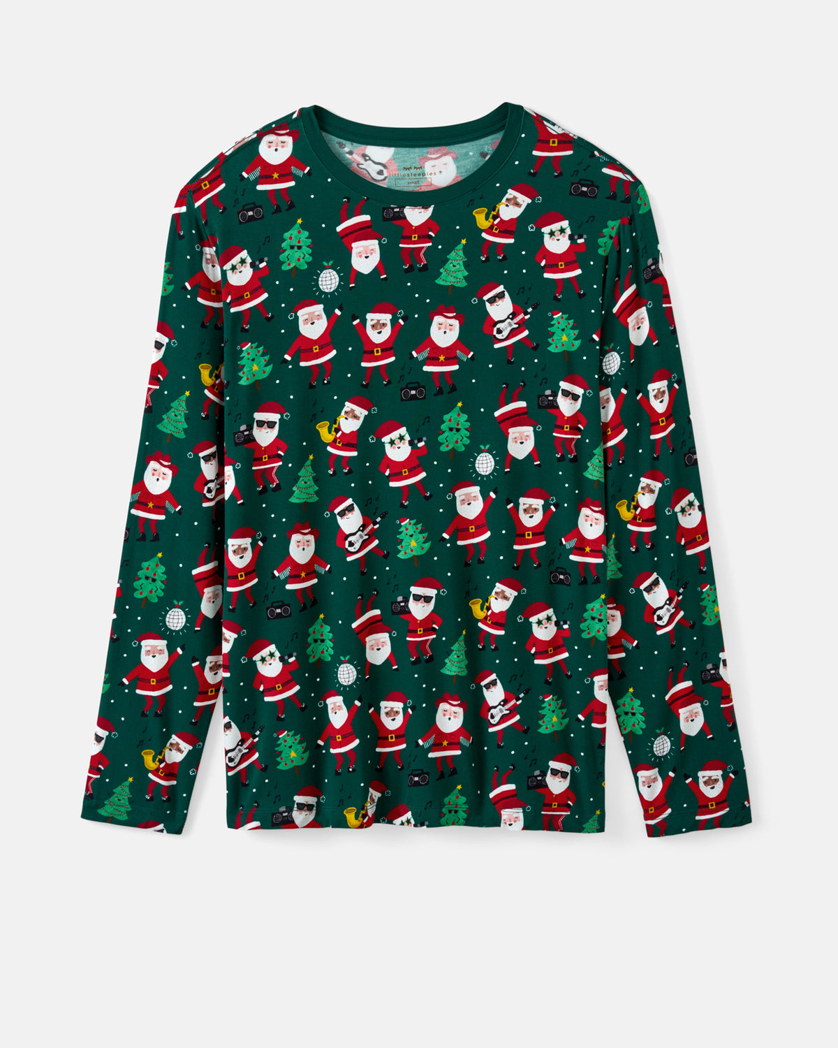 A long-sleeve crewneck shirt featuring an all-over Christmas print of Santa Claus and Christmas trees on a dark green background, shown flat against a light gray backdrop.