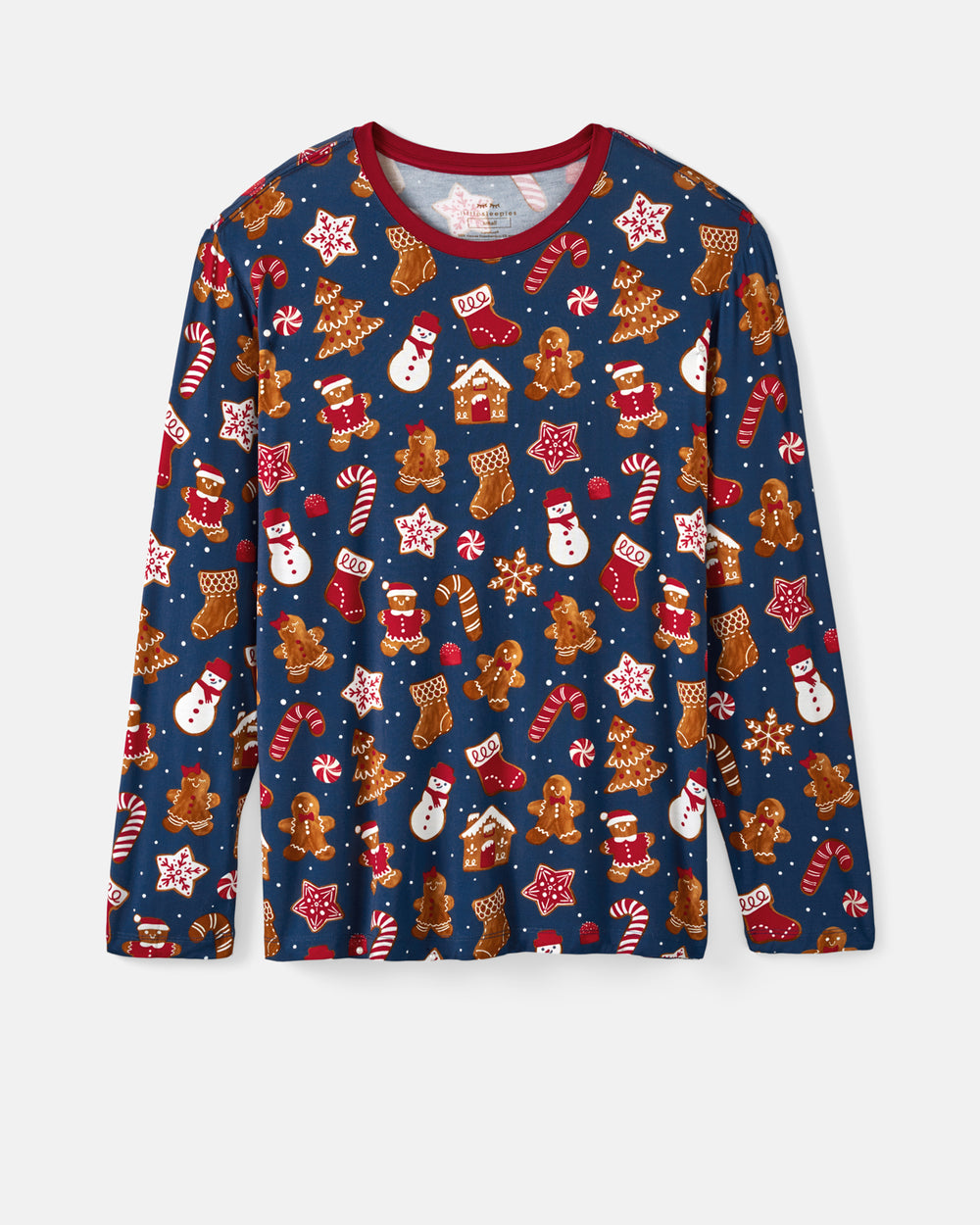 A long-sleeve crewneck pajama top featuring a festive Christmas print on a navy blue background, with gingerbread men, snowmen, candy canes, stockings, and stars. The shirt has a contrasting red crew neck collar and is displayed flat against a light gray background.